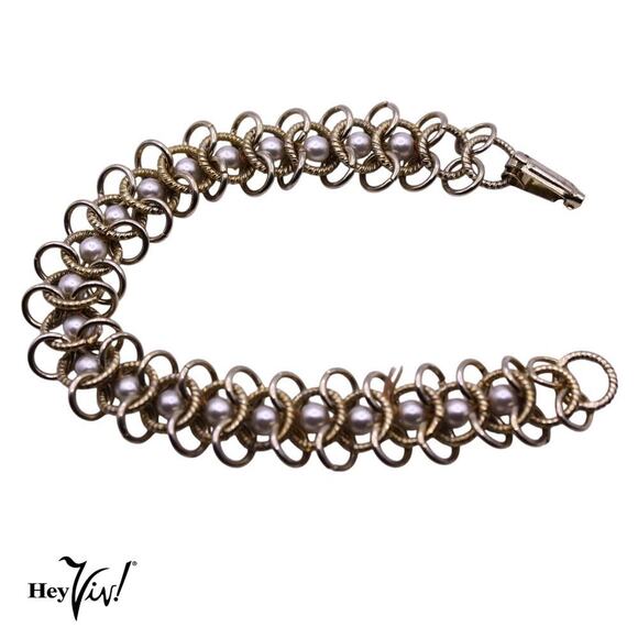 Vintage Chain Bracelet Interwoven w Pearl Beads Elegant Style 7" Long - Hey Viv - Picture 3 of 5